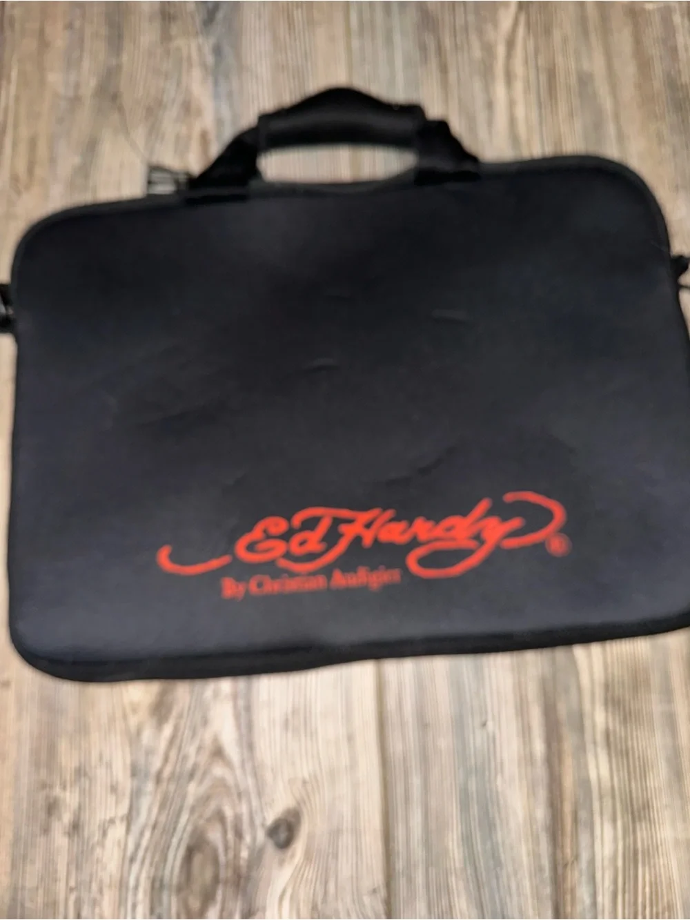 Ed Hardy Black Neoprene Sleeve with Colorful Skull & Heart Graphic Y2K Grunge